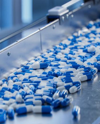 Blue Capsules on Conveyor at Modern Pharmaceutical Factory. Tablet and Capsule Manufacturing Process. Close-up Shot of Medical Drug Production Line.